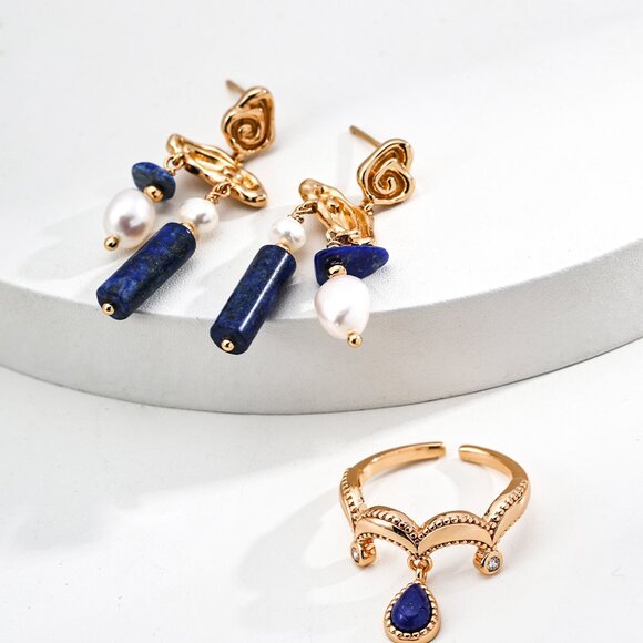 ✨ Artisan Original Lapis Lazuli Dangle Crown Ring | S925 Gold Adjustable - Picture 8 of 14